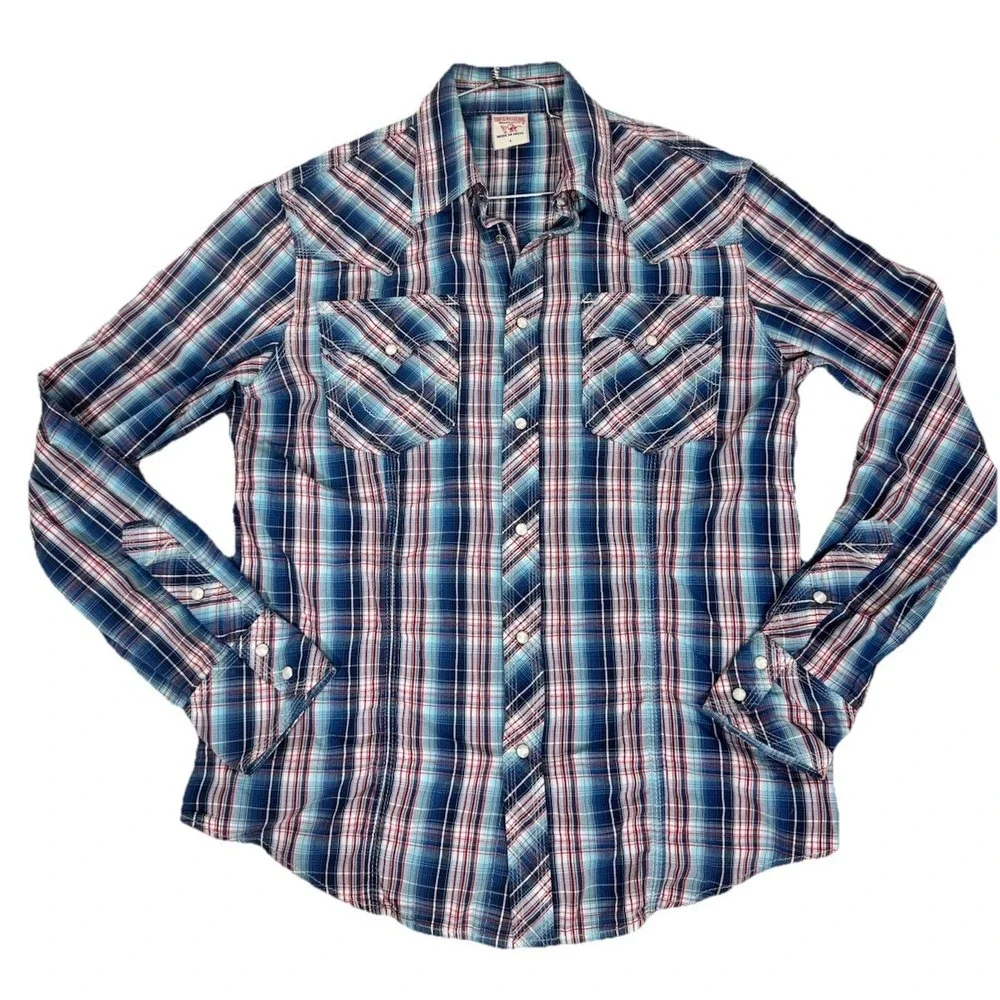 True Religion Long Sleeve Blue Plaid Pearl Snap Up Pocket Shirt Men's L Western